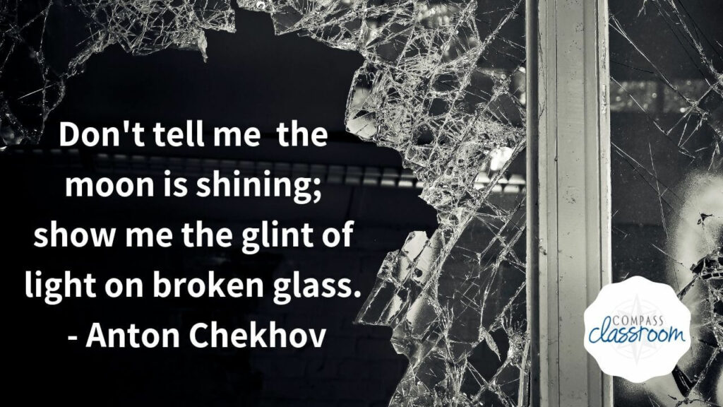 "Don't tell me the moon is shining; show me the glint of light on broken glass." Anton Chekhov