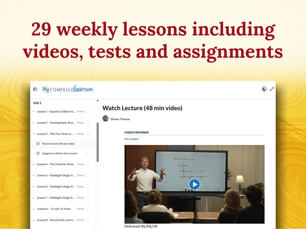 29 weekly lessons including videos, tests, and assignments